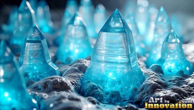 Pointed blue crystal spires rising from gray ground