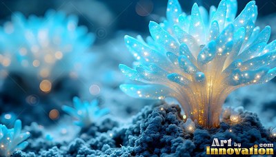 Pale blue frosted petals on an alien flower rooted in dark crumbly soil under soft lights