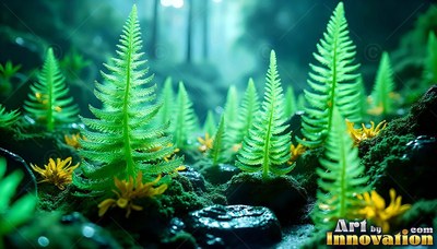 Bright green fern-like plants sprout from dark wet stones under soft teal light