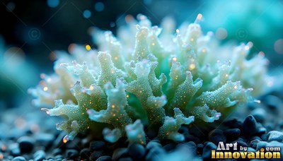 Resting low on dark pebbles, pale green coral shines with yellow specks