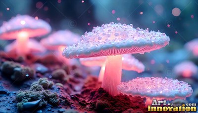 Pink mushrooms covered in shiny water droplets stand in a dark blue field