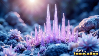 On a rocky ground, sharp purple crystal spires rise near small pink flowers