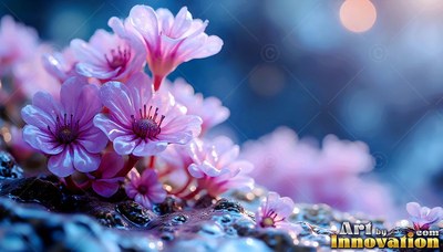 Sprouting from dark wet ground, pink flowers open toward soft blue light