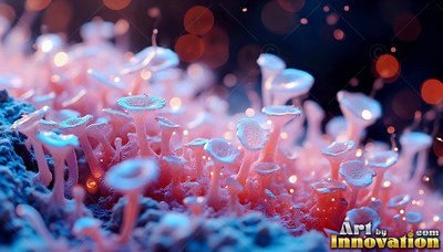 Cup-shaped pink fungi with speckled tops grow in soft clusters on dark ground