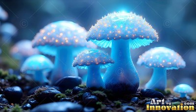 Mushrooms grow on dark rocks with blue light shining under their caps