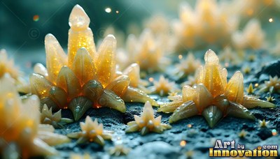 Pointed upward on dark ground, yellow crystal plants shine in soft light