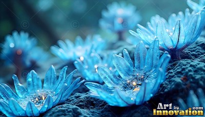 Light blue glass flowers open up across dark mossy ground