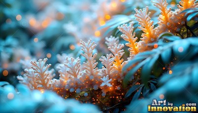 In blue foliage, pale coral plants shine with tiny warm lights