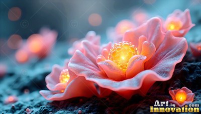 Opening its petals on dark soil, a pink flower holds a bright yellow center sphere