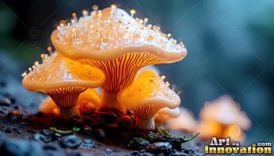 Translucent orange mushrooms covered in small dewdrops