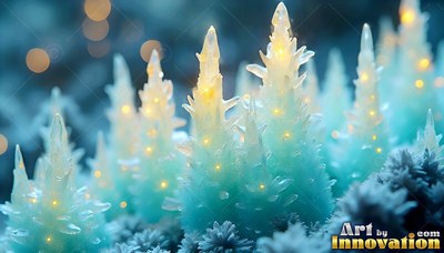 Tiny yellow lights shine inside blue crystal spires growing like trees from frosted ground