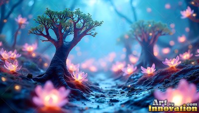 A small tree stands beside a dark path surrounded by bright pink flowers in blue light
