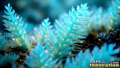 Slanted upright on dark soil, icy blue fern leaves sparkle with tiny lights