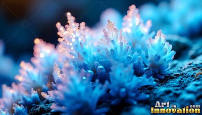 Blue frosty coral plants shine with soft pink lights on a dark sea bed
