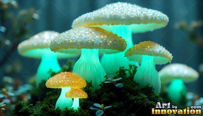 In dark moss, pale mushrooms shine with bright teal stems and spotted caps
