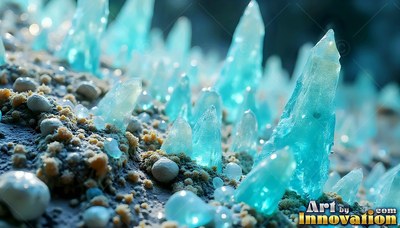 Rising from rough ground, sharp blue crystal spires point up beside pale pebbles