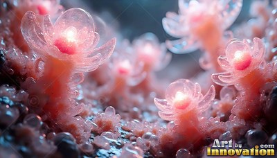 Small pink alien flowers with bright centers on dark ground