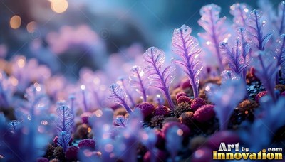 Feathered purple stalks rise from pink moss on a dark alien ground under soft blue light