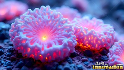Pink coral-like flowers open on dark soil, shining with warm yellow centers
