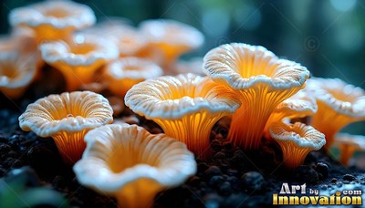 Tilted upward on dark soil, orange trumpet mushrooms spread in soft light