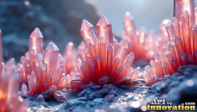 Clusters of pink crystals sprout from cold gray ground in soft light