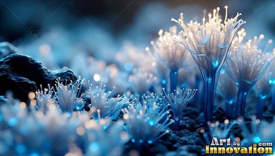 In dark soil, tiny blue and white fiber optic flowers open under soft light