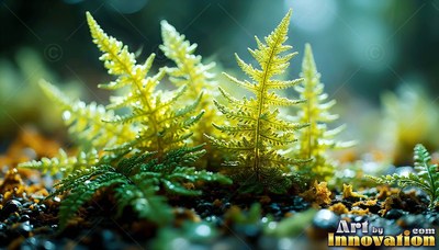 Sprouting from dark soil, small yellow ferns catch soft sunlight in a forest