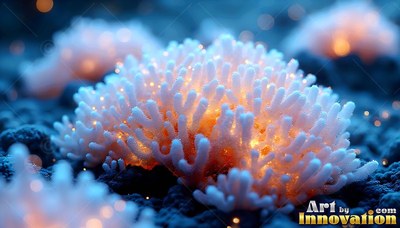 Lighted white coral clusters resting on dark blue sand