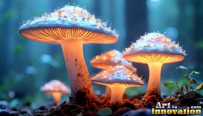 Beaded crystal droplets cover wide white mushrooms shining warm light over dark soil