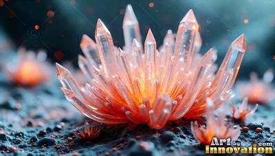 Pink crystal spikes open like a flower on dark ground, lit with bright orange shine at the center