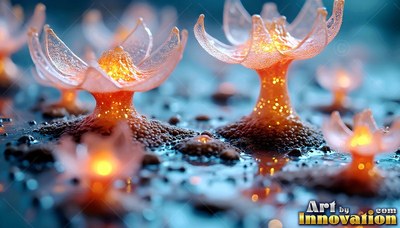 Standing upright on dark ground, orange cup-shaped plants shine warmly
