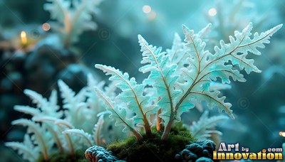 Frosty pale ferns sprout from dark moss under soft blue light