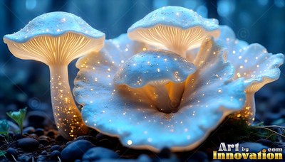 Spreading across dark pebbles, pale mushrooms shine with tiny yellow specks of light