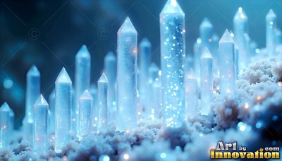 Blue crystal spires rise from white frosty ground