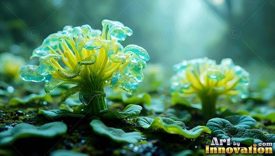 Glassy blue tips top a yellow alien plant growing in misty blue forest light