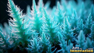 Spiky blue plants grow close together under soft white light