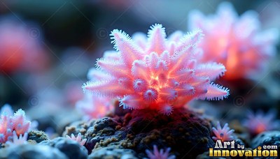 Sprouting upward on dark rock, a pink spiky plant shines in soft blue light