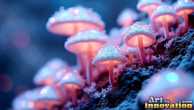 There are tiny pink mushrooms shining on dark moss in soft blue light