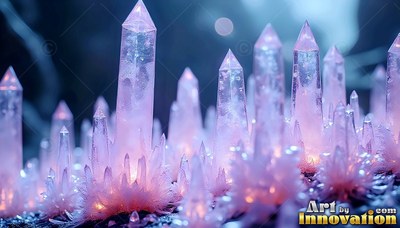 In a dim landscape, pointed pink crystals rise from fuzzy clusters