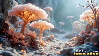 Spreading across rough gray rocks, pale pink trees stand in a misty valley