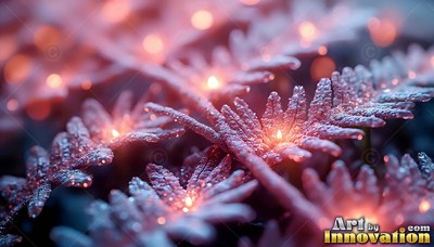 Frosted fern leaves shine with small orange lights
