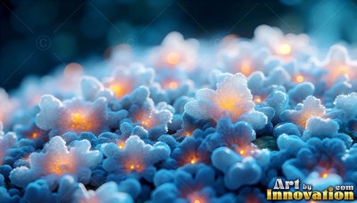 Soft frosted petals with lit orange centers spread across a field of blue flowers