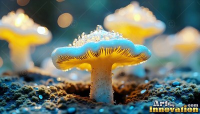 Frosted pale mushrooms sprout from dark soil under warm yellow light