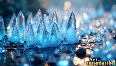 Pointed blue crystal spires stand upright on a dark wet surface