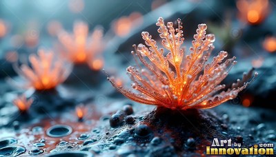 Tiny orange crystal plants open up like flowers on wet, dark ground