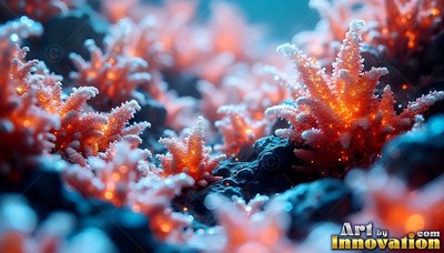 In dark blue water, small bright orange coral sprouts on a reef