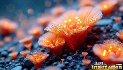 Opening like small cups, orange trumpet flowers hold bright yellow beads on dark soil