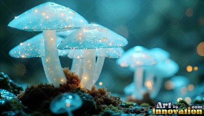 Light blue mushrooms shining with tiny warm specks on dark moss