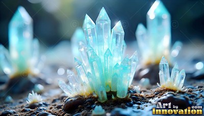 Pointed pale blue crystals sprout in clusters from dark, wet soil in bright light