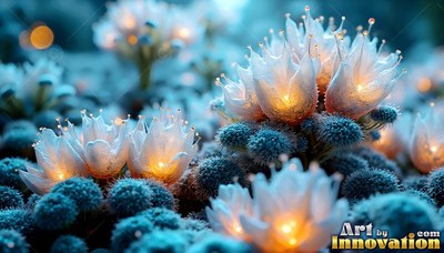 Pale flowers open among fuzzy blue mounds, lit from within by warm yellow light